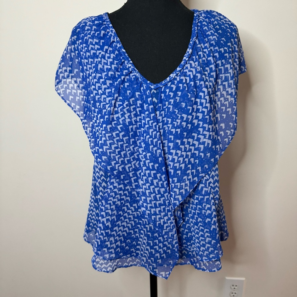Avaleigh Blue White V Neck Flutter Sleeve Blouse Top